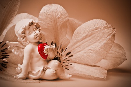 Cupid with heart and flower. Valentine's day card.