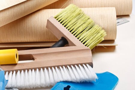 Still-life from various wallpapering tools. Home renovation.