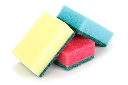 Various household sponges on a white background. Close up.