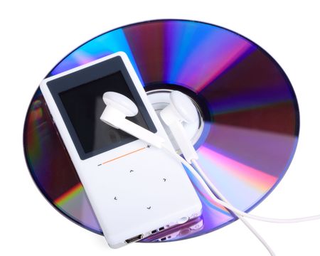 Modern MP3 player and CD disk on a white background. Close up.