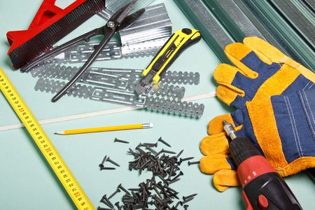 Plasterboard and various building tools.  Apartment repair.