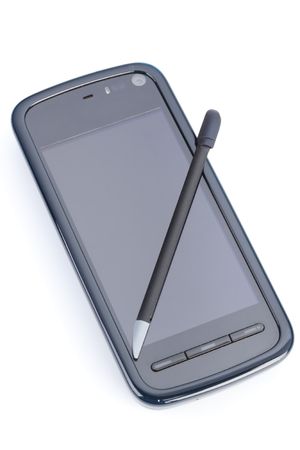 Modern mobile phone on a white backgroundの写真素材