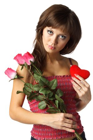 The beautiful girl with red heart and roses on a white background.の写真素材