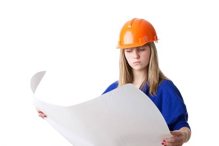 Young smiling female architect in a hard hat  on a white background