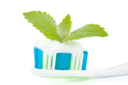 Toothbrush with toothpaste and fresh leaves of mint  on a white background.の写真素材