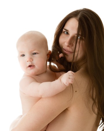 Happy family.  Mother and  her sweet  baby on a white background.の写真素材