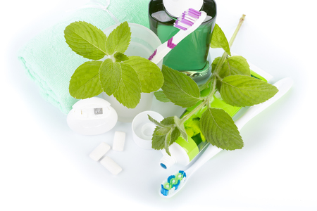 Toothbrush with toothpaste and fresh leaves of mint  on a white background.の写真素材