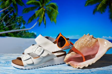 Female comfortable sandals, seashell and sunglasses lay on a beach background.  Design of female summer shoes.の写真素材