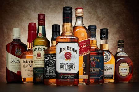 St.Petersburg, Russia - April  2020 - Bottle of Jim Beam bourbon whiskey  on background of other...