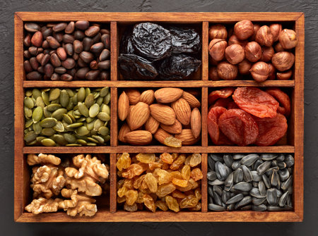Various varieties of nuts, seeds and dried fruits lying in wooden box on black slate background. Top view. Healthy food. Vegetarian nutritionの写真素材