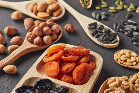 Various varieties of nuts, seeds and dried fruits lying in wooden spoones and dish on black slate background. Top view. Healthy food. Vegetarian nutritionの写真素材