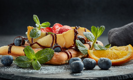 Delicious waffles with caramelized pear, berries, mint, powdered sugar and sweet sauce on black serving board on grey background. Dessert. Serving food. Table settingの写真素材