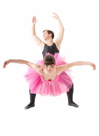 Young couple dancing ballet isolated on white background, full lenght portrait.の写真素材