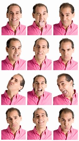 Adult man face expressions composite isolated on white background.の写真素材