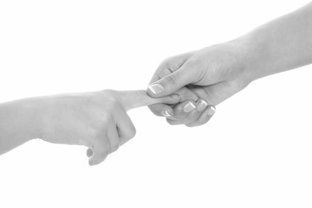 young woman and children girl handshake black and white isolatedの写真素材