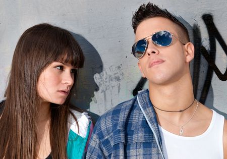 Young couple urban fashion close-up portrait の写真素材