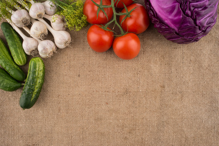 Vegetables on sacking. Top view.の写真素材