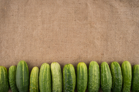 Fresh green cucumbers on a background of burlap. Top view.の写真素材