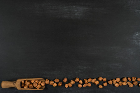 Hazelnuts in a wooden scoop on a black chalkboard. Top view.の写真素材