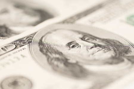 Dollars background, hundred USA dollar banknote bills, many American cash money, selective focusの写真素材