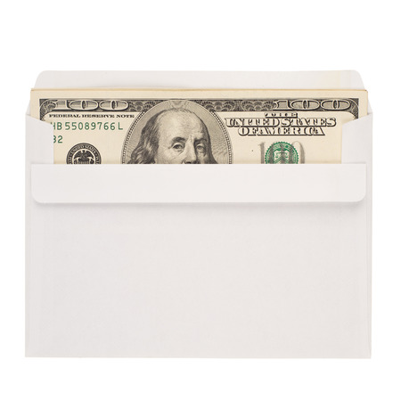 100 US dollar bills in an envelope isolated on white background. Top view.