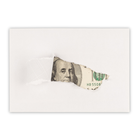 US dollars in the envelope isolated on white background. Top view.