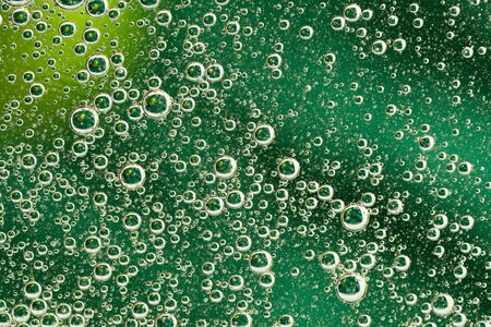 Abstract green background with oil circles . Bubbles of water close up . Oil bubbles in the water...