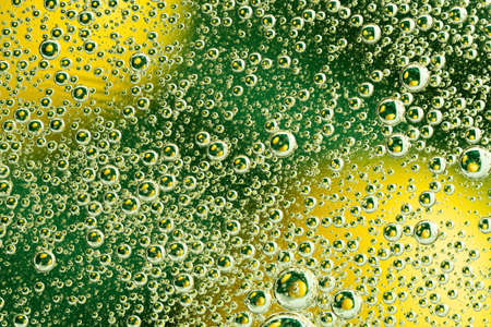 Abstract green background with oil circles . Bubbles of water close up . Oil bubbles in the water macro. Circle bubbles background.の写真素材