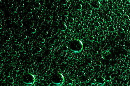 Abstract green background with oil circles . Bubbles of water close up . Oil bubbles in the water...
