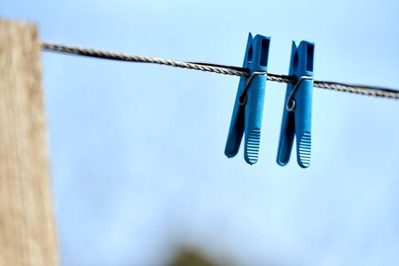 Two blue prunes hang on the wire amid the blue sky. private sector. macro photo