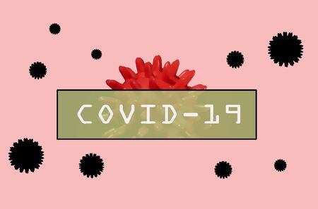 Inscription COVID-19 on pink background. Virus around the world. stay at home. the danger is near. red bacterium. Plate with letters and numbers.の写真素材