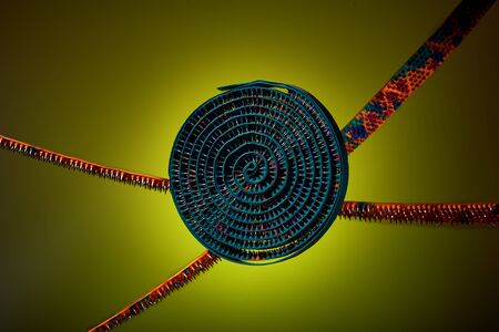 Round massage mat of strip type of green color and orange color hang in the air on a yellow...