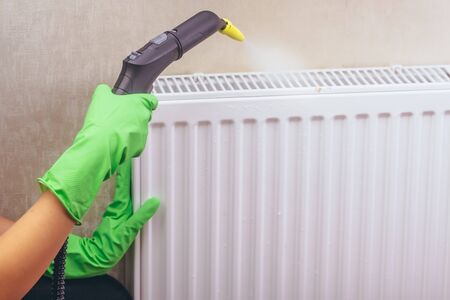 Cleaning company. girl with a steam cleaner brushing the home battery. We begin cleaning of the apartment. Leisure in gloves. We kill microbes and rustの写真素材