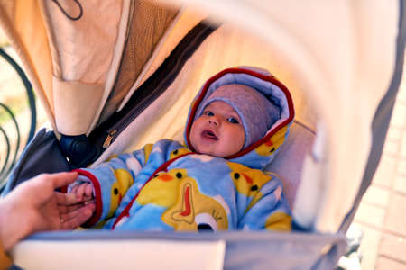 A smiling child in a stroller on the street to the park rests and holds his mothers hand. outdoor leisure. Sunny weather. Healthy lifestyleの写真素材