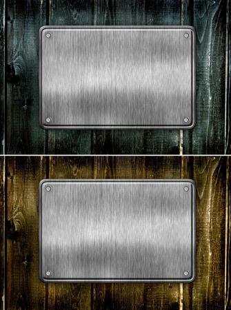 metal sign on wood plank backgroundの写真素材