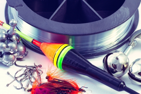 fishing equipment  isolated on whiteの写真素材