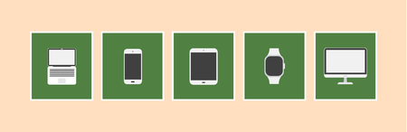 Set of vector poster with equipment. Flat design. Laptop, phone, computer and watch signs.のイラスト素材