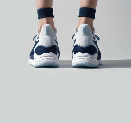 Female legs in blue sneakers on a gray background. Close-up.の素材