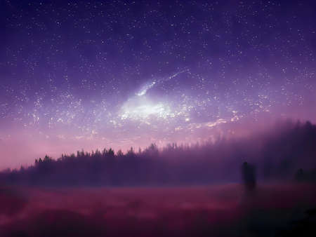 Milky Way and pink light at mountains. Night colorful landscape. Starry sky with hills. Beautiful...