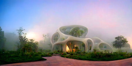 Exterior of the modern building in the fog, 3d renderの写真素材