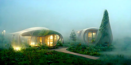 Foggy morning in the botanical garden. 3d renderingの写真素材