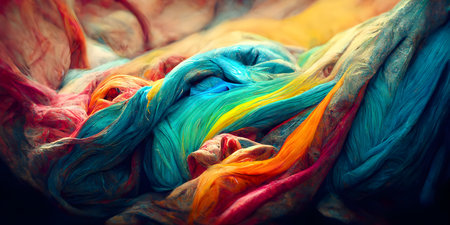 Texture, background, pattern. Silk fabric is multicolored with a rainbow of colors.の写真素材
