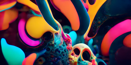 Abstract 3d rendering of chaotic colorful shapes. Futuristic background design.の写真素材