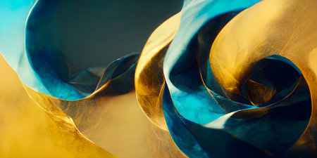abstract background of blue and gold fabric in the form of a roseの写真素材