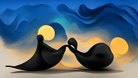 two black swans on a background of the night sky with cloudsの写真素材