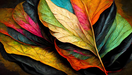 colorful leaves on black background, close up of colorful leafsの写真素材