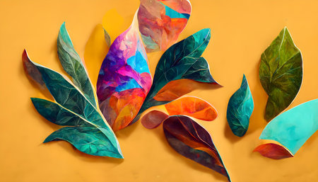 Colorful leaves on orange background. Flat lay, top view.の写真素材