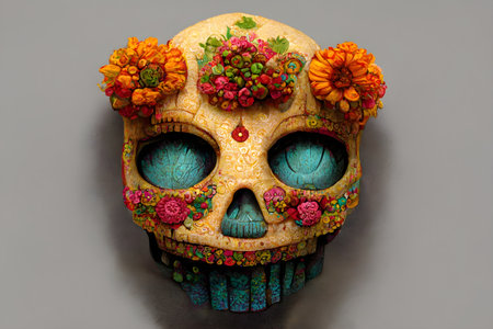 Mexican sugar skull with colorful flowers, isolated on gray background.