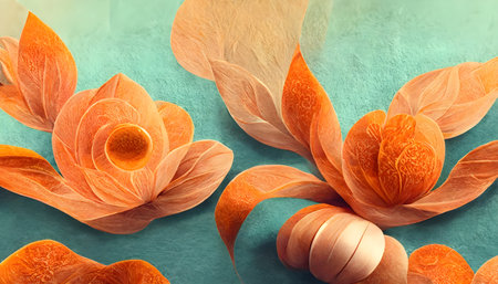 Paper flowers on turquoise background, top view, copy spaceの写真素材