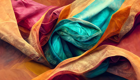 Texture, background, pattern. Silk fabric of different colors, multi-colored.の写真素材